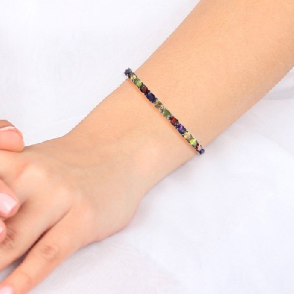 Multi Gemstone Bangle Bracelet in Stainless Steel - Picture 3 of 6